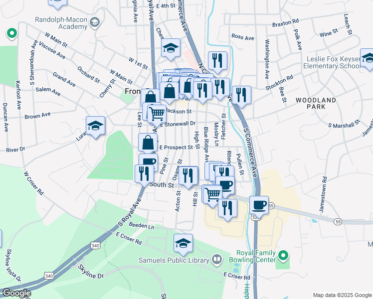 map of restaurants, bars, coffee shops, grocery stores, and more near 233 East Prospect Street in Front Royal