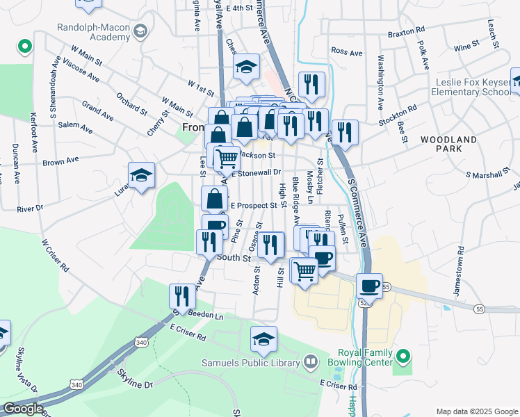 map of restaurants, bars, coffee shops, grocery stores, and more near 221 East Prospect Street in Front Royal