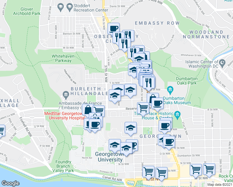 map of restaurants, bars, coffee shops, grocery stores, and more near 3602 S Street Northwest in Washington
