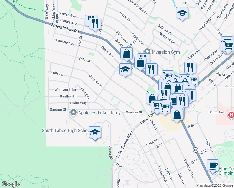 map of restaurants, bars, coffee shops, grocery stores, and more near 867 Clement Street in South Lake Tahoe