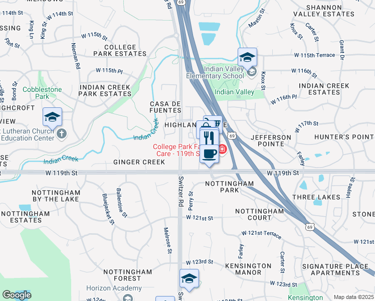 map of restaurants, bars, coffee shops, grocery stores, and more near 10206 West 118th Terrace in Overland Park