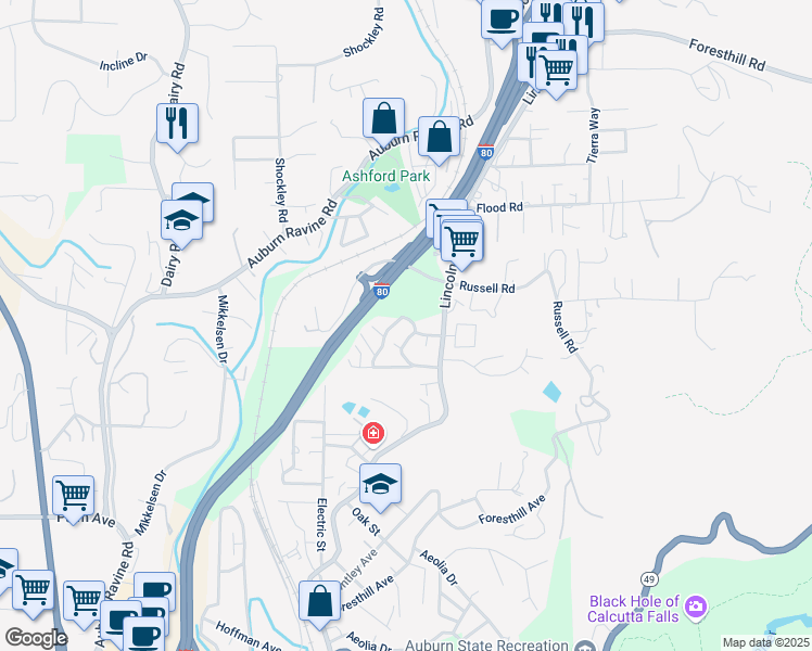 map of restaurants, bars, coffee shops, grocery stores, and more near 13059 Lincoln Way in Auburn