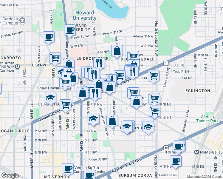 map of restaurants, bars, coffee shops, grocery stores, and more near 238 Rhode Island Avenue Northwest in Washington
