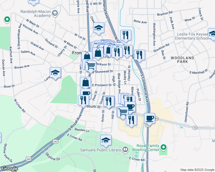 map of restaurants, bars, coffee shops, grocery stores, and more near 233 East Prospect Street in Front Royal