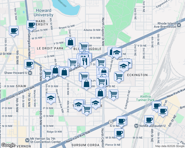 map of restaurants, bars, coffee shops, grocery stores, and more near 101 Independence Avenue Southeast in Washington