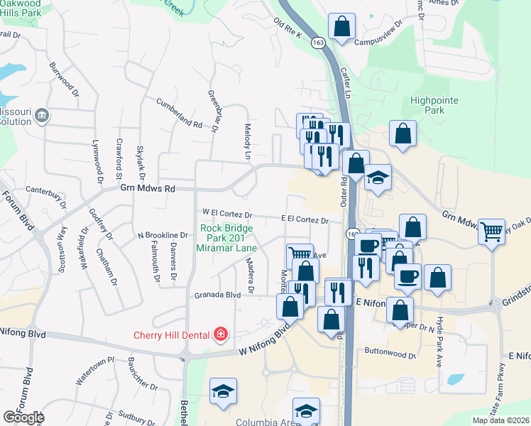 map of restaurants, bars, coffee shops, grocery stores, and more near 1 East El Cortez Drive in Columbia