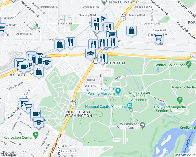 map of restaurants, bars, coffee shops, grocery stores, and more near 2236 S Street Northeast in Washington