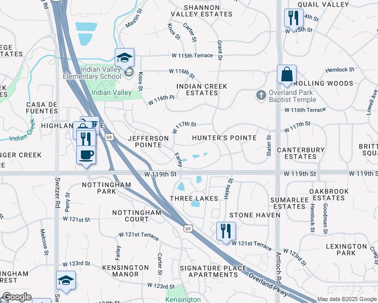 map of restaurants, bars, coffee shops, grocery stores, and more near 9801 West 118th Street in Overland Park