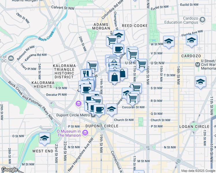 map of restaurants, bars, coffee shops, grocery stores, and more near 1823 South Street Northwest in Washington