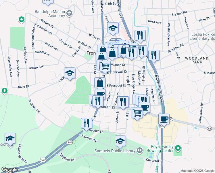 map of restaurants, bars, coffee shops, grocery stores, and more near 11 East Prospect Street in Front Royal