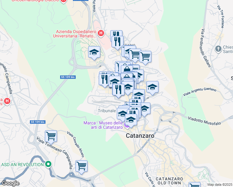 map of restaurants, bars, coffee shops, grocery stores, and more near 45 Piazza Montegrappa in Catanzaro