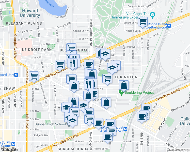 map of restaurants, bars, coffee shops, grocery stores, and more near 12 S Street Northeast in Washington
