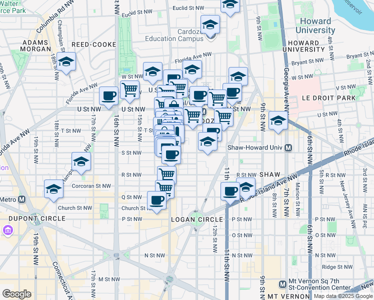 map of restaurants, bars, coffee shops, grocery stores, and more near 1325 South Street Northwest in Washington