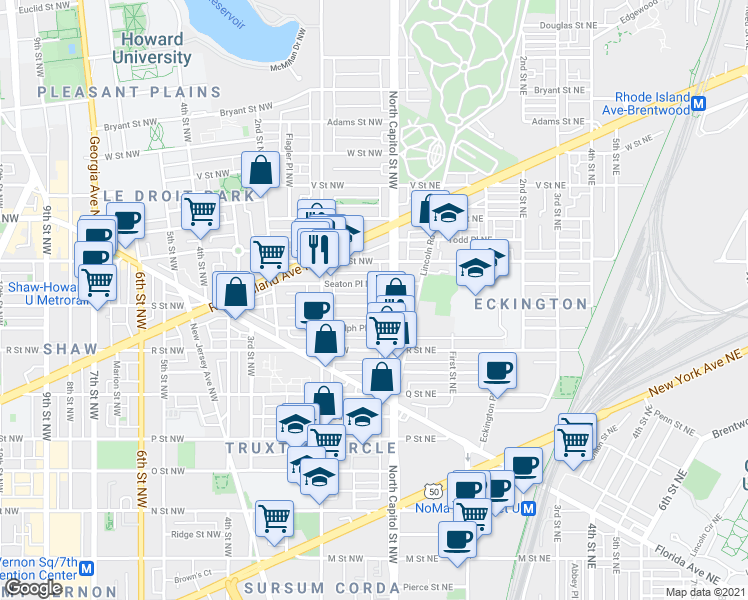map of restaurants, bars, coffee shops, grocery stores, and more near 19 S Street NW in Washington