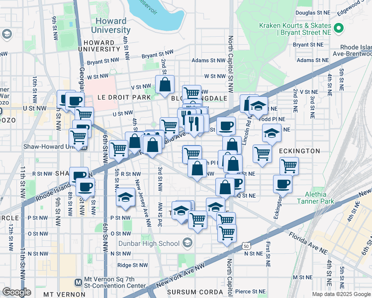 map of restaurants, bars, coffee shops, grocery stores, and more near 125 S Street Northwest in Washington