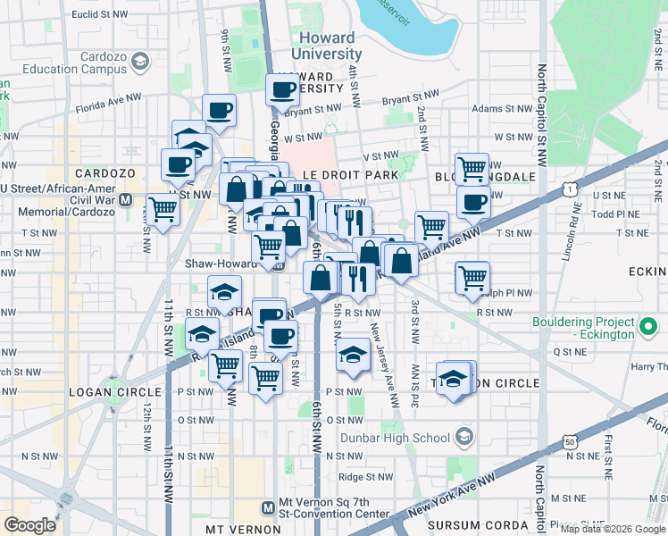 map of restaurants, bars, coffee shops, grocery stores, and more near 101 Independence Avenue Southeast in Washington
