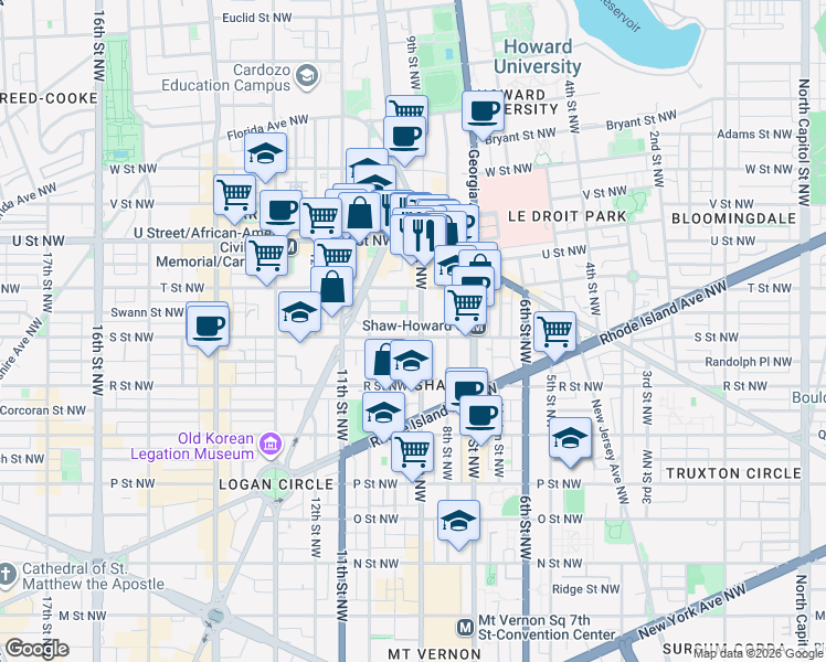 map of restaurants, bars, coffee shops, grocery stores, and more near 907 S Street NW in Washington
