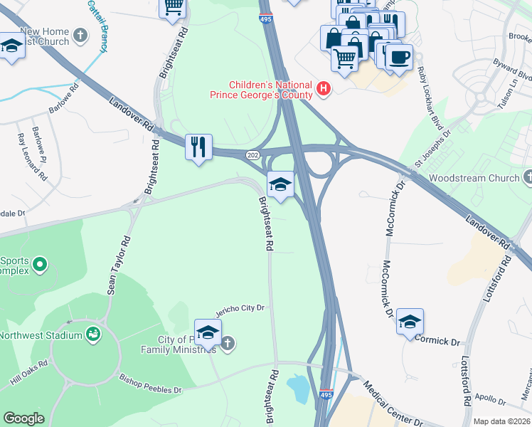 map of restaurants, bars, coffee shops, grocery stores, and more near Brightseat Road in Prince George's County