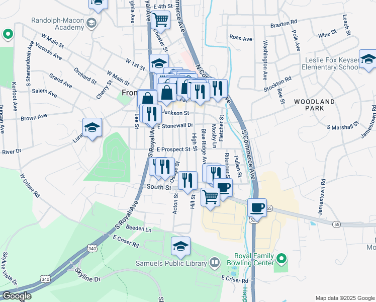 map of restaurants, bars, coffee shops, grocery stores, and more near 301 East Prospect Street in Front Royal