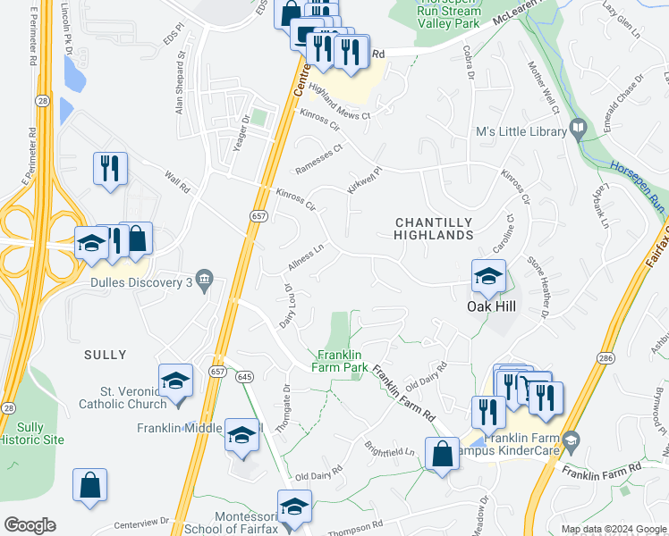 map of restaurants, bars, coffee shops, grocery stores, and more near 3205 Ravenscraig Court in Herndon