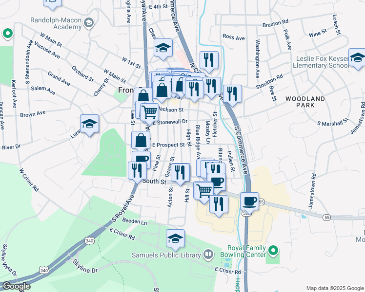 map of restaurants, bars, coffee shops, grocery stores, and more near 301 East Prospect Street in Front Royal