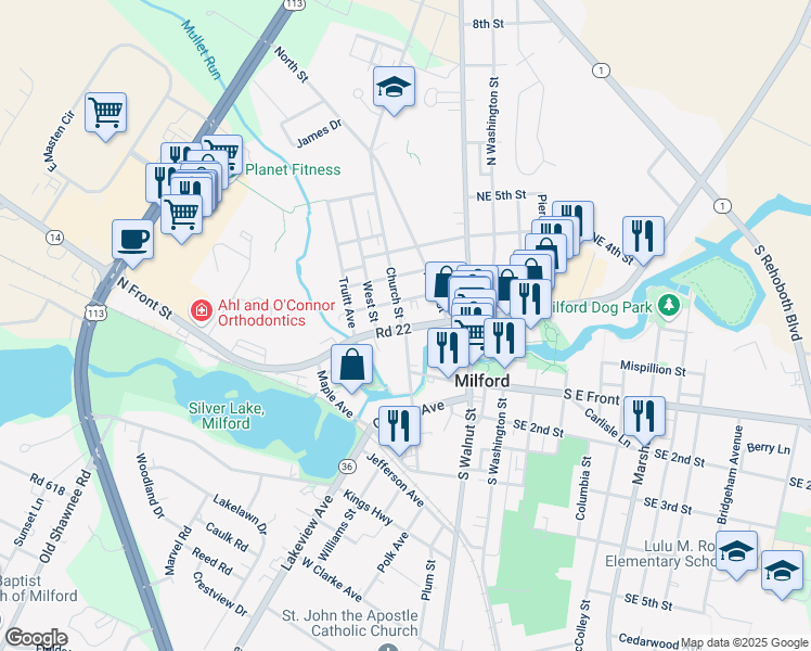 map of restaurants, bars, coffee shops, grocery stores, and more near 117 Northwest Front Street in Milford
