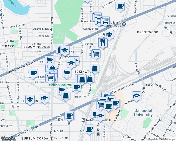 map of restaurants, bars, coffee shops, grocery stores, and more near 101 Independence Avenue Southeast in Washington