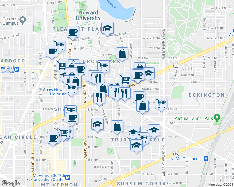 map of restaurants, bars, coffee shops, grocery stores, and more near 101 Independence Avenue Southeast in Washington