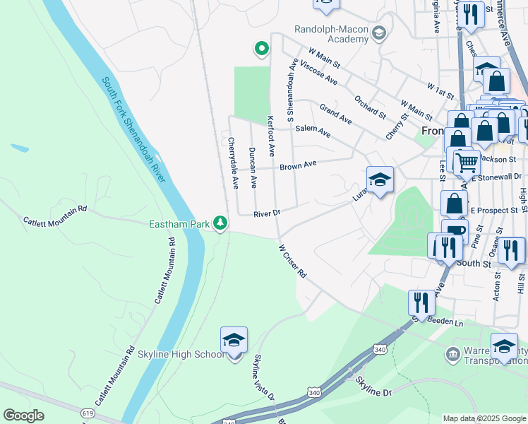 map of restaurants, bars, coffee shops, grocery stores, and more near 711 River Drive in Front Royal