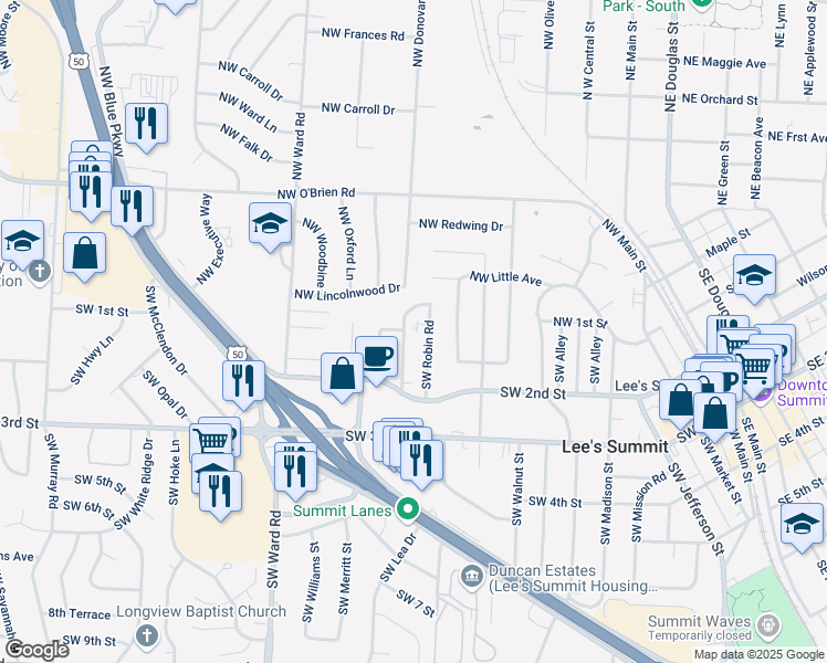 map of restaurants, bars, coffee shops, grocery stores, and more near 100 Southwest Hillcrest Lane in Lee's Summit