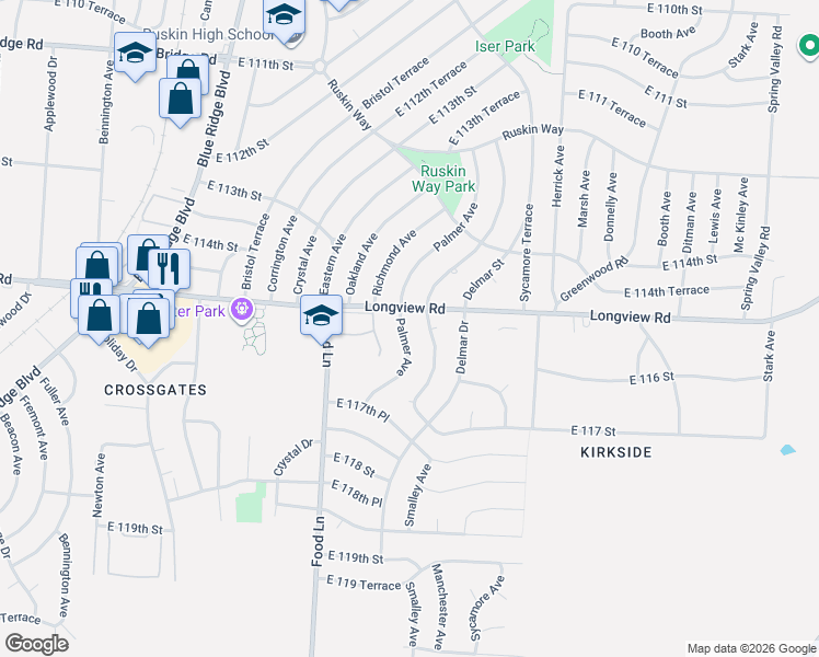 map of restaurants, bars, coffee shops, grocery stores, and more near 11502 Manchester Avenue in Kansas City