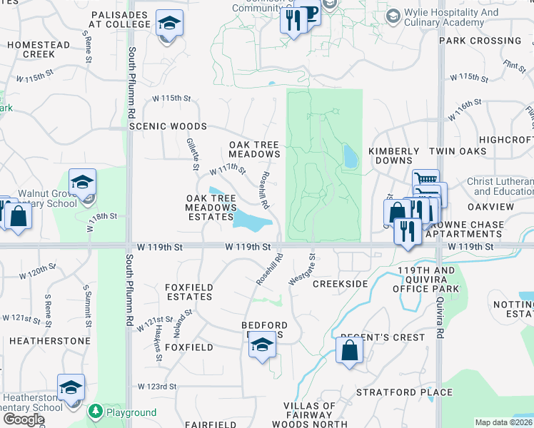 map of restaurants, bars, coffee shops, grocery stores, and more near 11820 Rosehill Road in Overland Park
