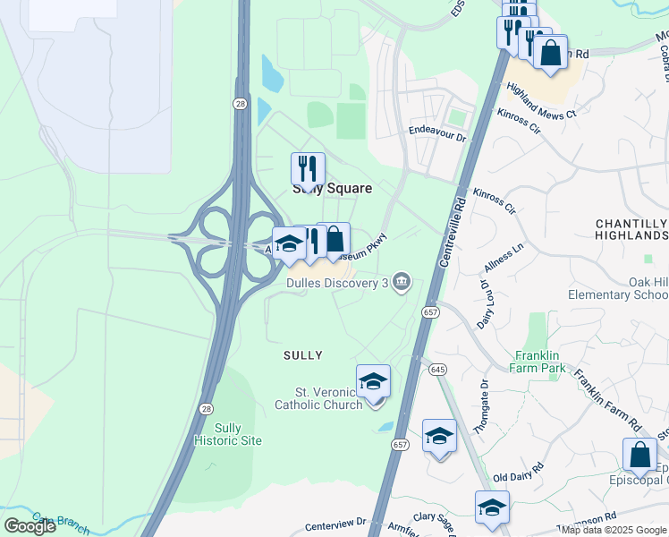 map of restaurants, bars, coffee shops, grocery stores, and more near 3450 Historic Sully Way in Chantilly