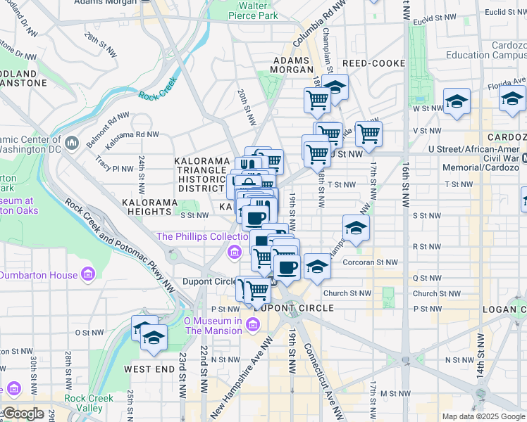 map of restaurants, bars, coffee shops, grocery stores, and more near 2001 S Street Northwest in Washington