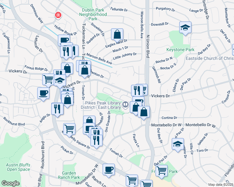 map of restaurants, bars, coffee shops, grocery stores, and more near 2530 Paragon Drive in Colorado Springs