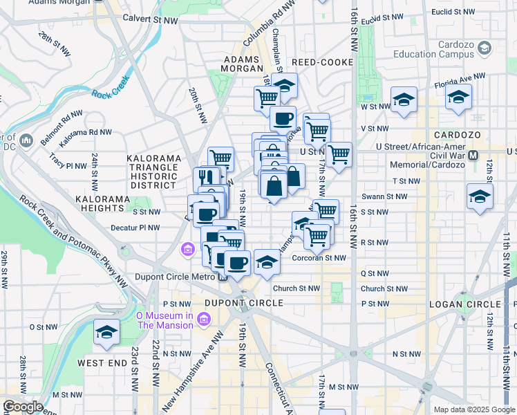 map of restaurants, bars, coffee shops, grocery stores, and more near 1823 South Street Northwest in Washington