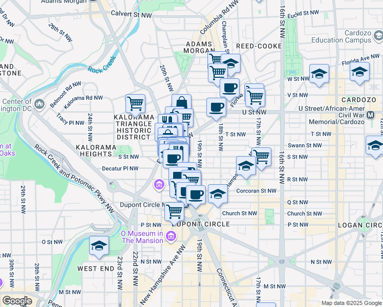 map of restaurants, bars, coffee shops, grocery stores, and more near 1915 S Street Northwest in Washington