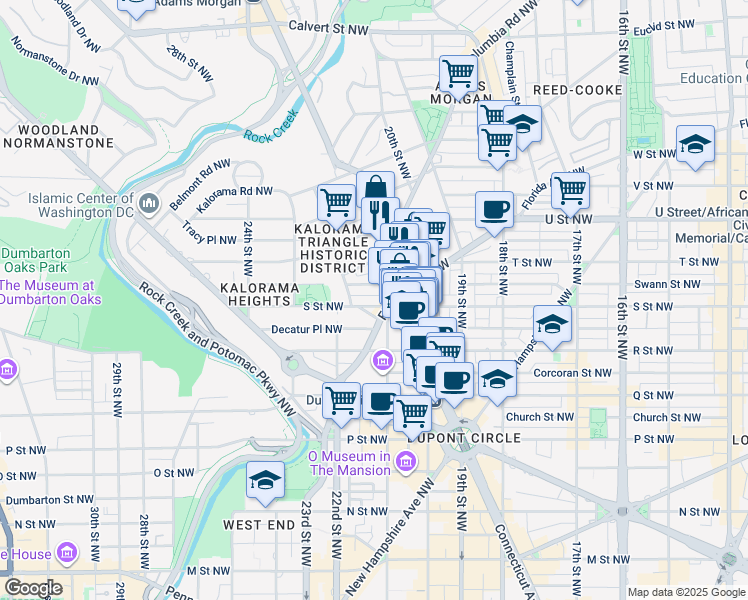map of restaurants, bars, coffee shops, grocery stores, and more near 2115 S Street Northwest in Washington