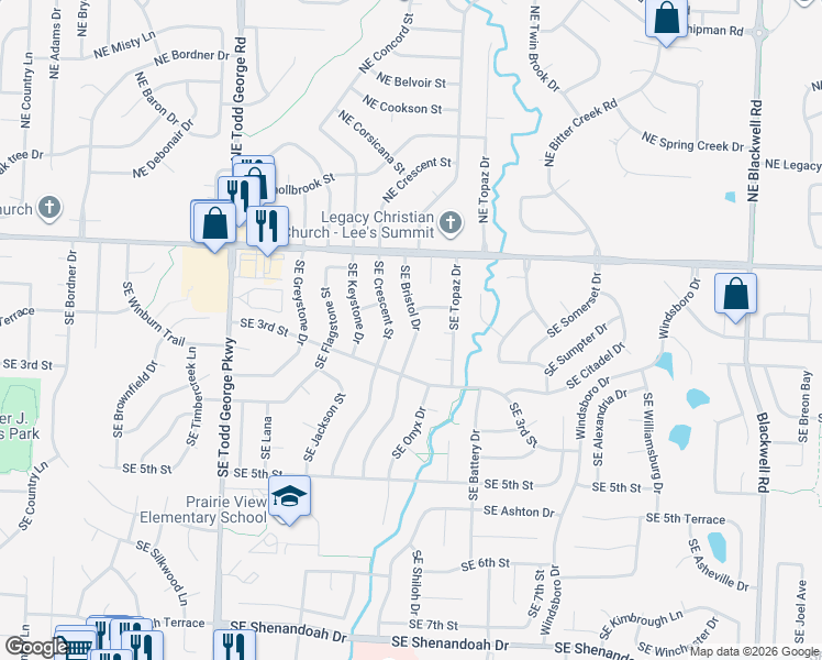 map of restaurants, bars, coffee shops, grocery stores, and more near 212 Southeast Bristol Drive in Lee's Summit