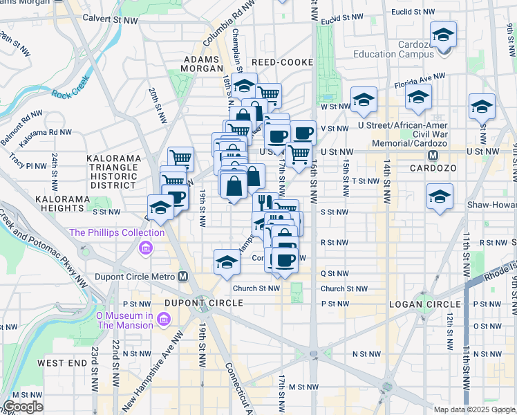 map of restaurants, bars, coffee shops, grocery stores, and more near 1717 S Street Northwest in Washington