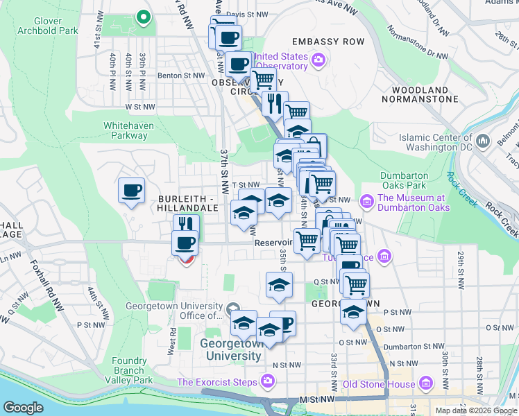 map of restaurants, bars, coffee shops, grocery stores, and more near 3534 S Street Northwest in Washington