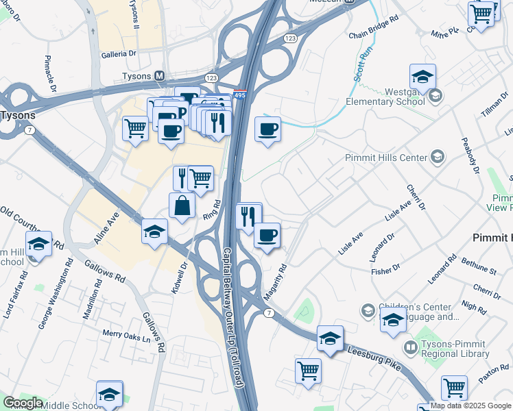 map of restaurants, bars, coffee shops, grocery stores, and more near 1916 Wilson Lane in McLean