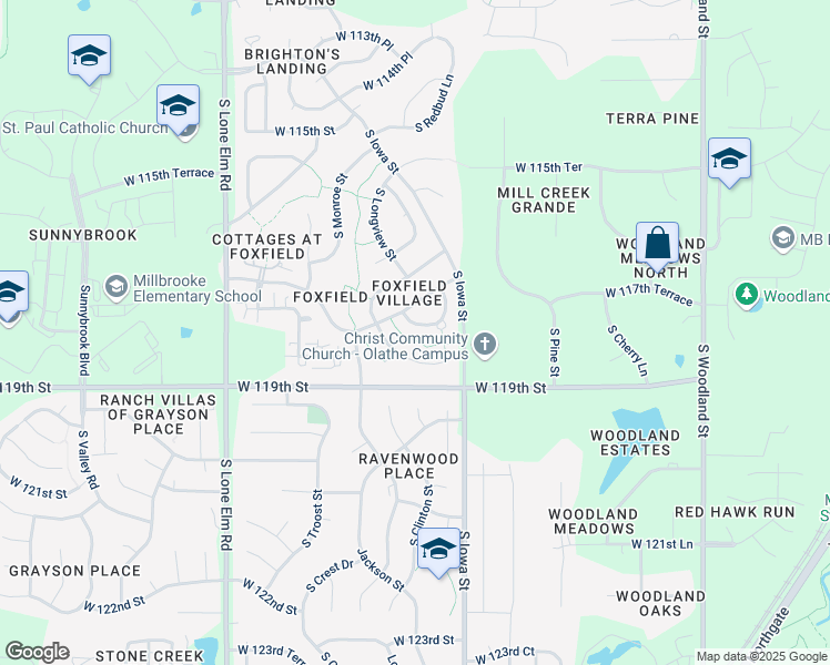 map of restaurants, bars, coffee shops, grocery stores, and more near 20943 West 117th Terrace in Olathe