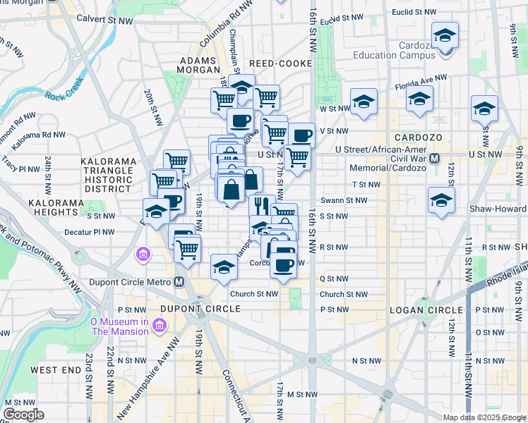 map of restaurants, bars, coffee shops, grocery stores, and more near 1800 New Hampshire Avenue Northwest in Washington