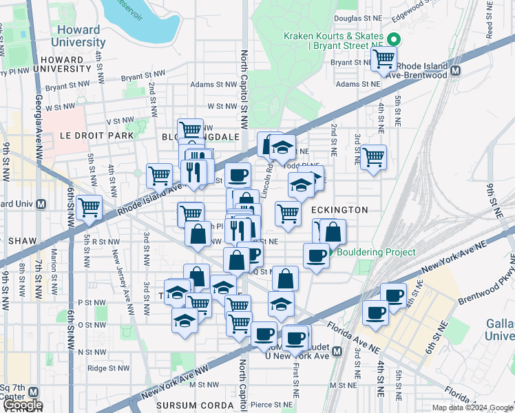 map of restaurants, bars, coffee shops, grocery stores, and more near 14 S Street Northeast in Washington