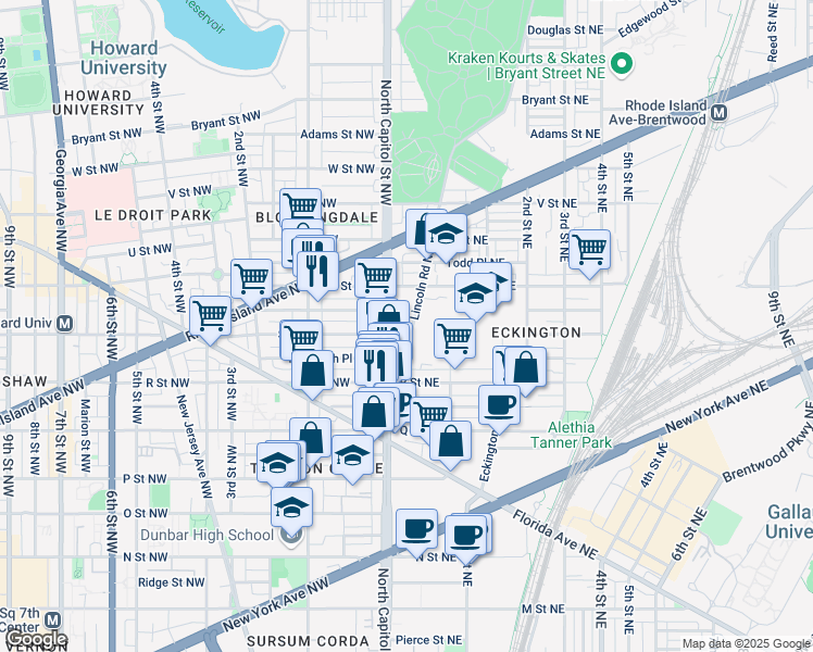 map of restaurants, bars, coffee shops, grocery stores, and more near 14 S Street Northeast in Washington