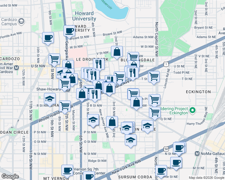 map of restaurants, bars, coffee shops, grocery stores, and more near 101 Independence Avenue Southeast in Washington