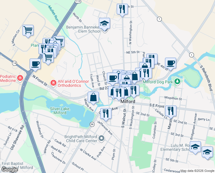 map of restaurants, bars, coffee shops, grocery stores, and more near 117 Northwest Front Street in Milford