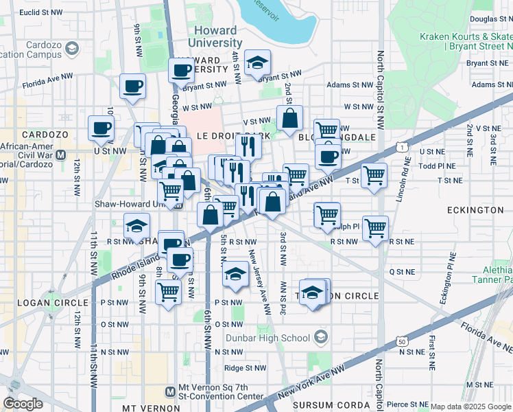 map of restaurants, bars, coffee shops, grocery stores, and more near 389 Rhode Island Avenue Northwest in Washington