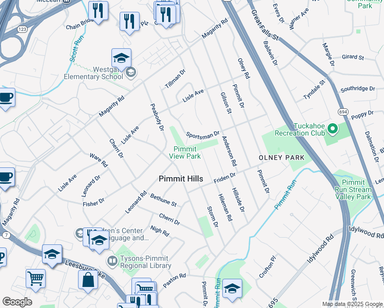 map of restaurants, bars, coffee shops, grocery stores, and more near 1913 Storm Drive in Falls Church